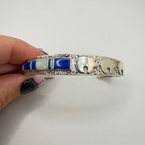 Amazing Vintage Possible Navajo Triple Bear, Lapis/Opal cuff bracelet in 925!